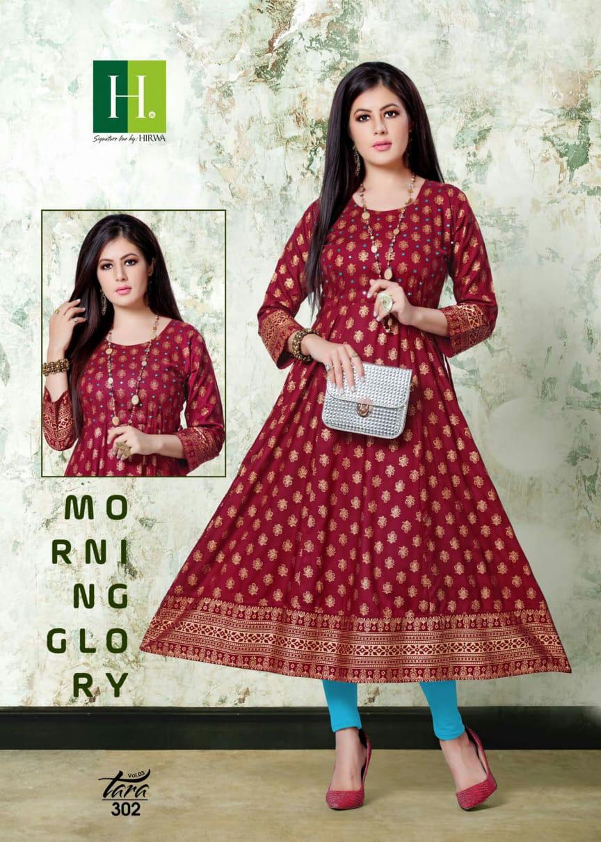 Hirwa Tara 3 Ethnic Wear Latest Fancy Rayon Gold prints with mirror work  Flair Designer  Kurti Collection